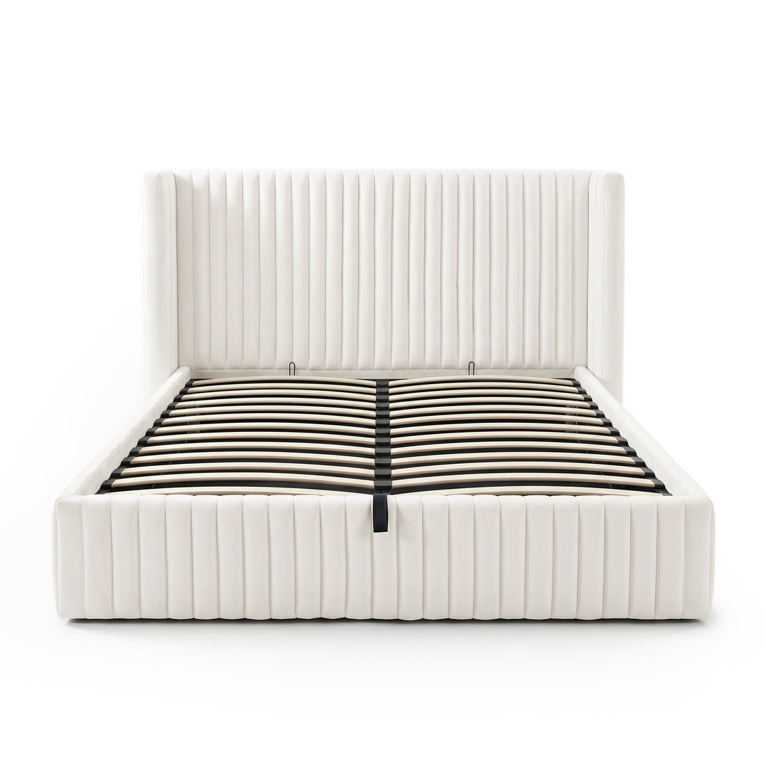Front-facing view of bed frame with visible slats on white background