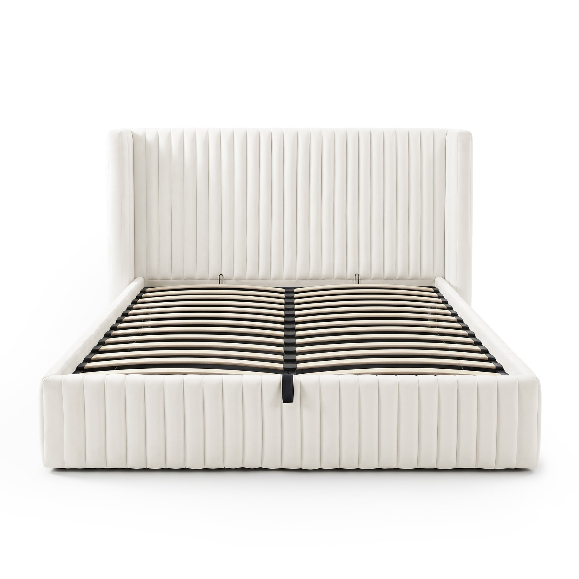 Front-facing view of bed frame with visible slats on white background