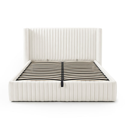 Front-facing view of bed frame with visible slats on white background