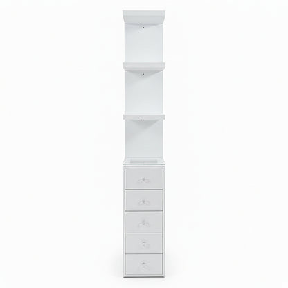 White storage unit with three shelves above five drawers on white background