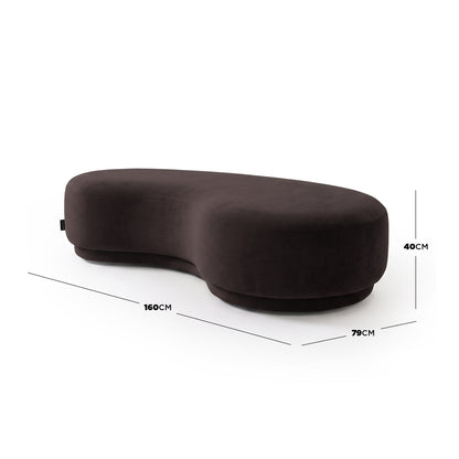 Plum kidney-shaped bench seat with labeled dimensions 160 cm by 79 cm by 40 cm