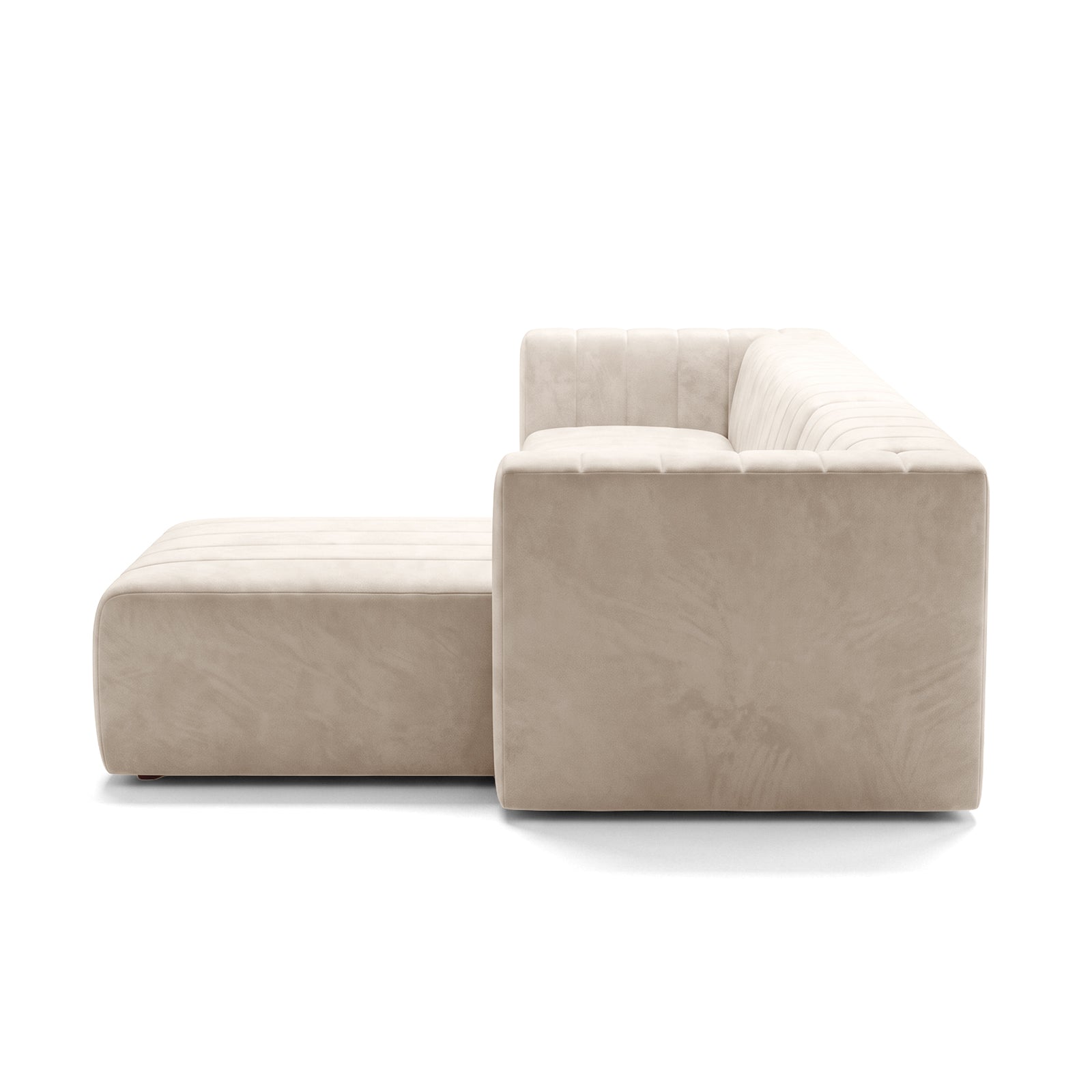 Side view of a beige sectional sofa on a white background