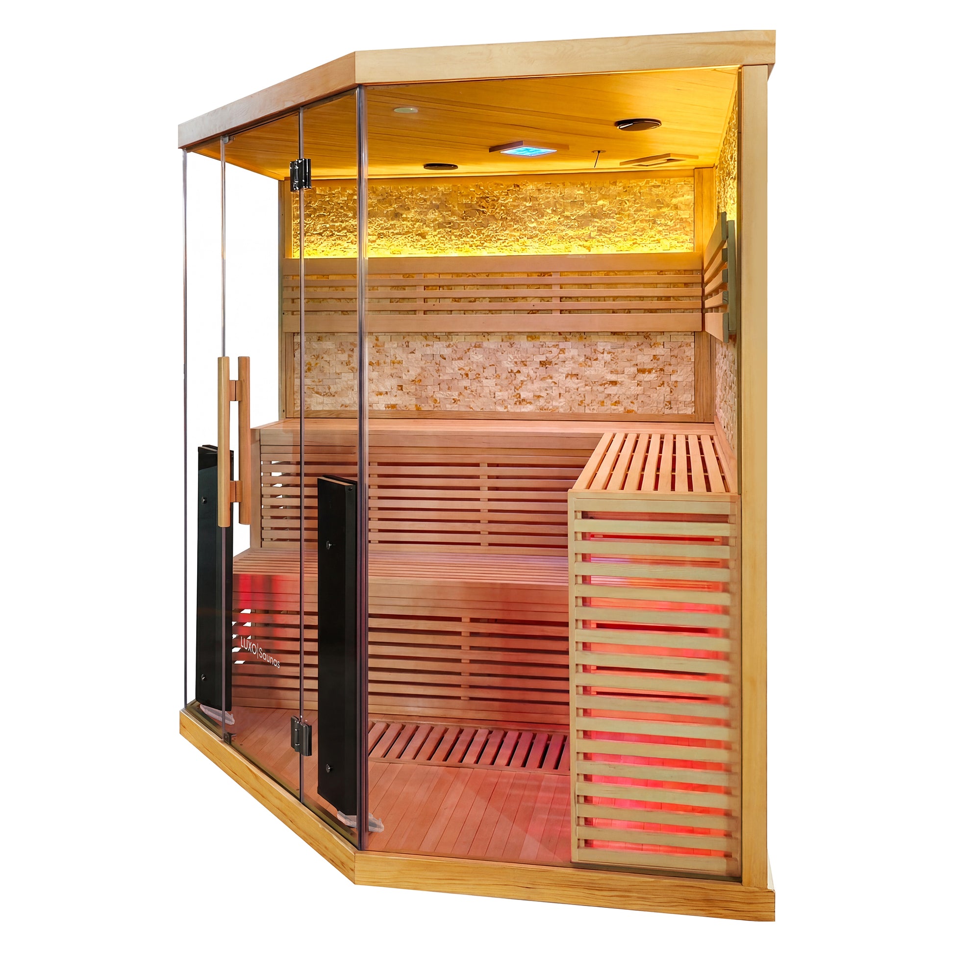 Contemporary wooden sauna unit with glass doors and warm accent lighting on a white background.