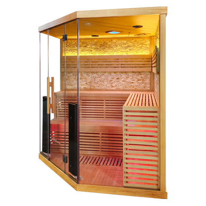 Contemporary wooden sauna unit with glass doors and warm accent lighting on a white background.