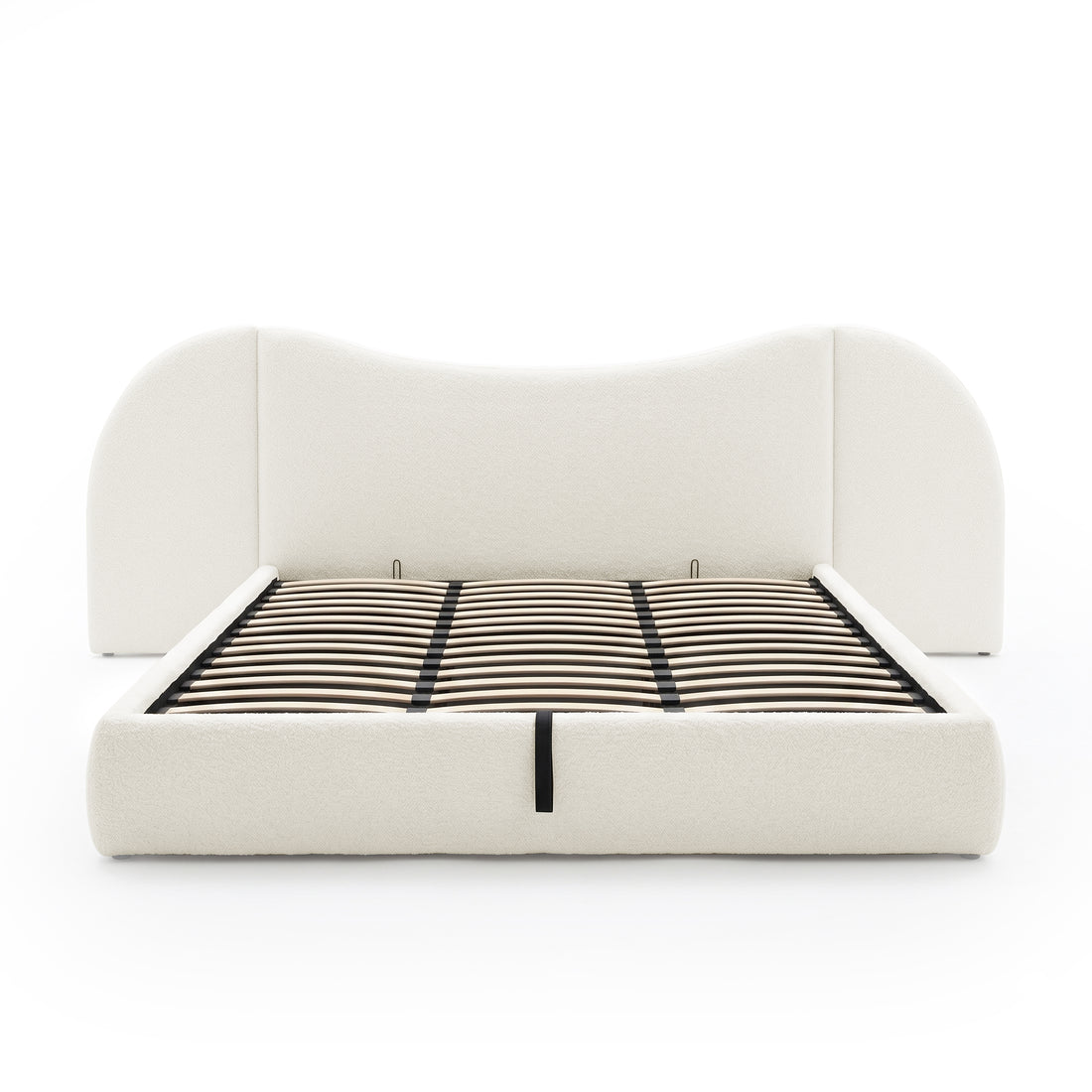 Unmattressed bed frame with slats and curved headboard on white background