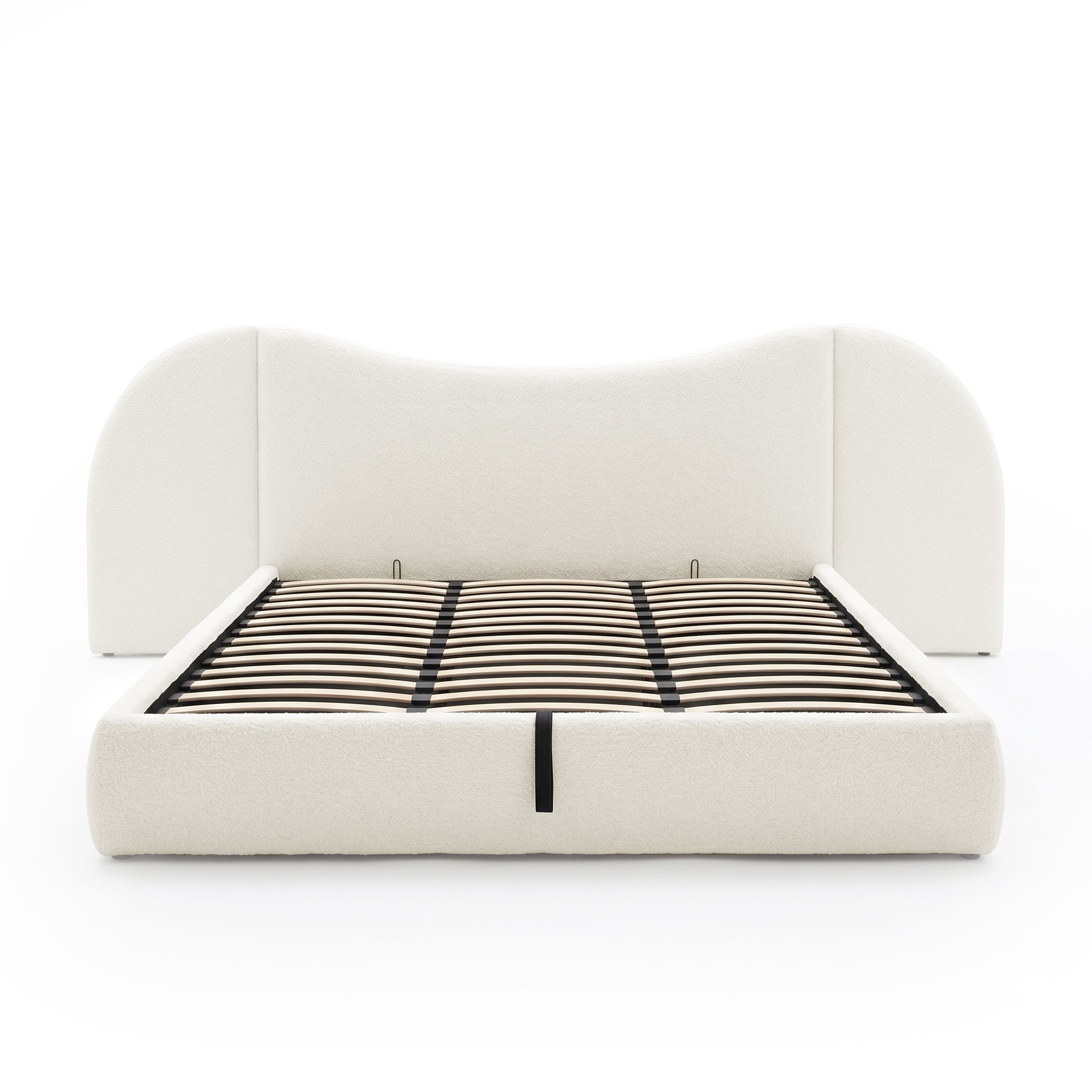 Unmattressed bed frame with slats and curved headboard on white background