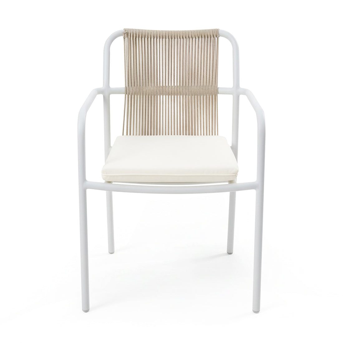 Evone Aluminium Rope Outdoor Dining Chair in Natural, featuring a tubular white metal frame, light tan rope backrest, and cream padded cushion, ideal for stylish and weather-resistant outdoor dining.