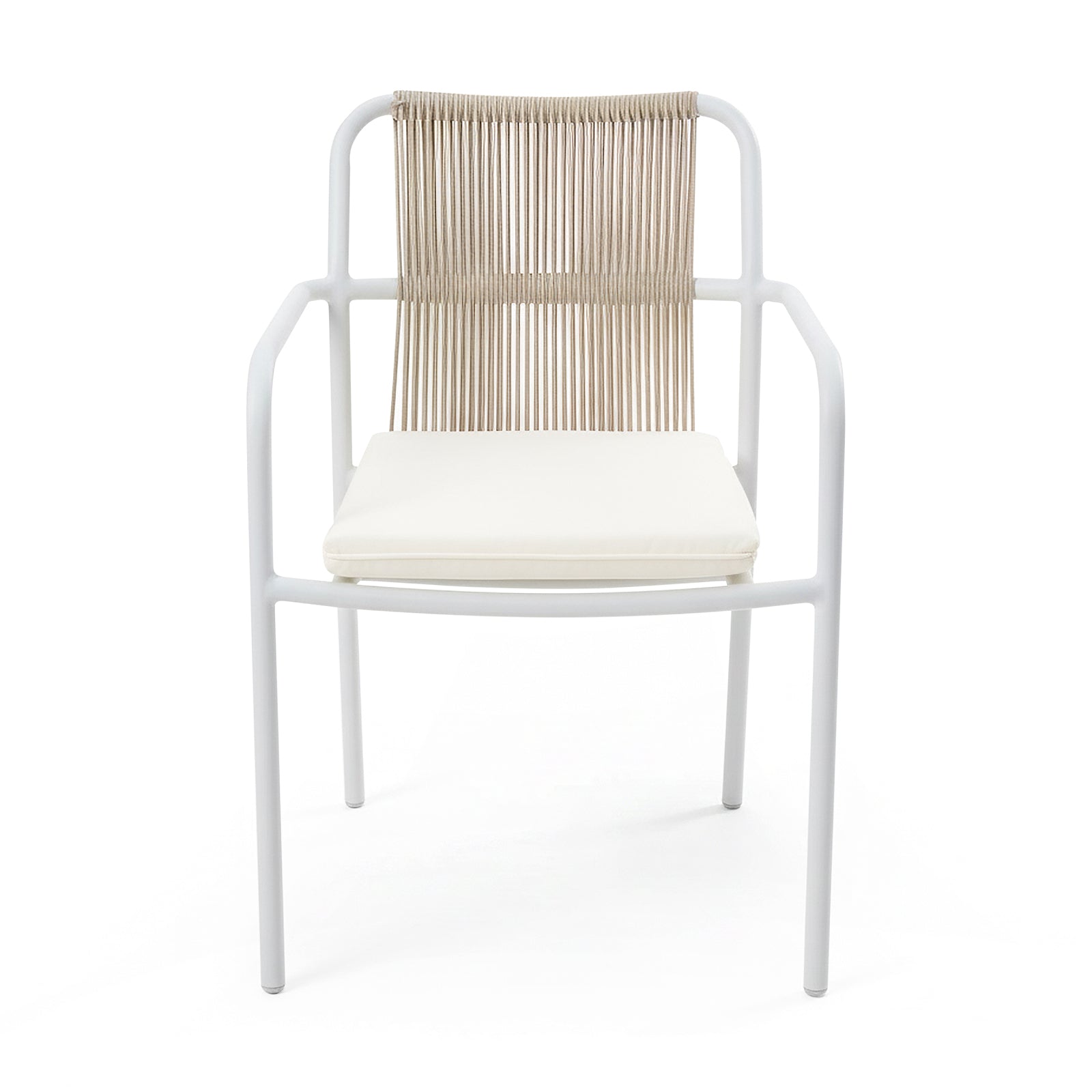 Evone Aluminium Rope Outdoor Dining Chair in Natural, featuring a tubular white metal frame, light tan rope backrest, and cream padded cushion, ideal for stylish and weather-resistant outdoor dining.