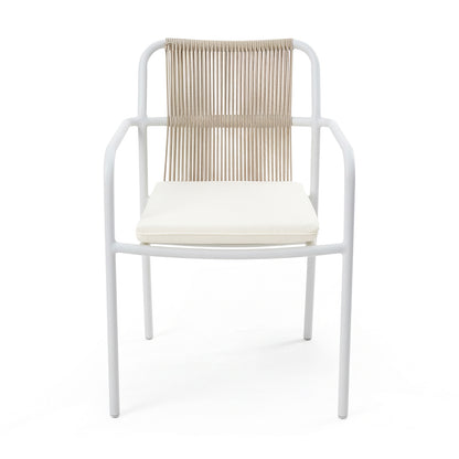 Evone Aluminium Rope Outdoor Dining Chair in Natural, featuring a tubular white metal frame, light tan rope backrest, and cream padded cushion, ideal for stylish and weather-resistant outdoor dining.