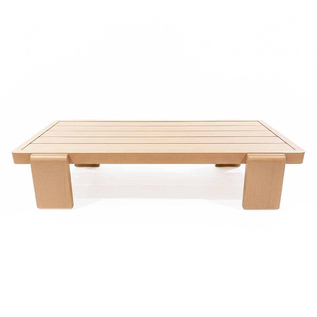 Modica 5 Seater Aluminium Outdoor Sofa Set in White features a low-profile wooden platform coffee table with a slatted top and sturdy block legs, enhancing the outdoor lounge experience.