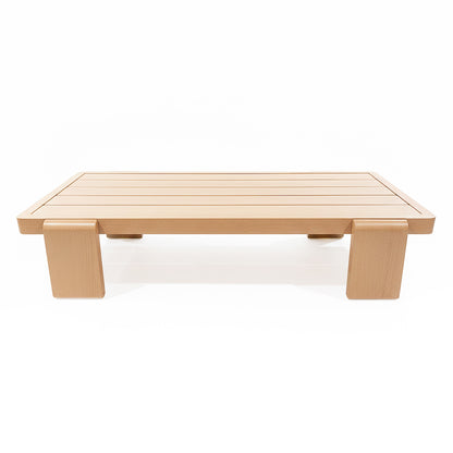 Modica 5 Seater Aluminium Outdoor Sofa Set in White features a low-profile wooden platform coffee table with a slatted top and sturdy block legs, enhancing the outdoor lounge experience.