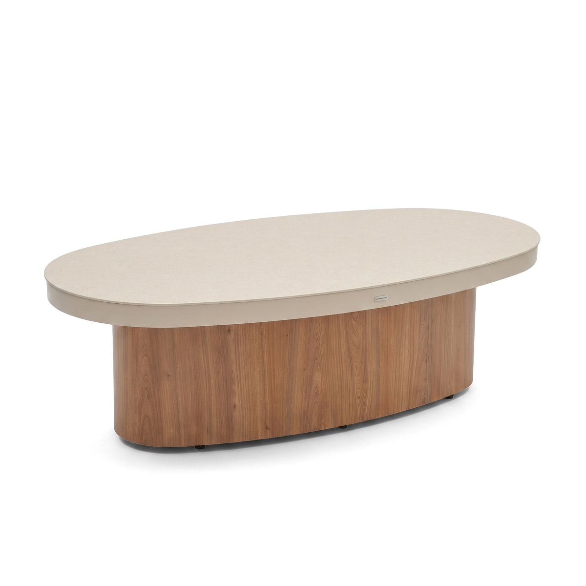 Modern oval coffee table with beige top and wooden base on a white background