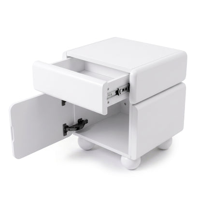 White nightstand with rounded corners, partially open drawer and cabinet door on white background