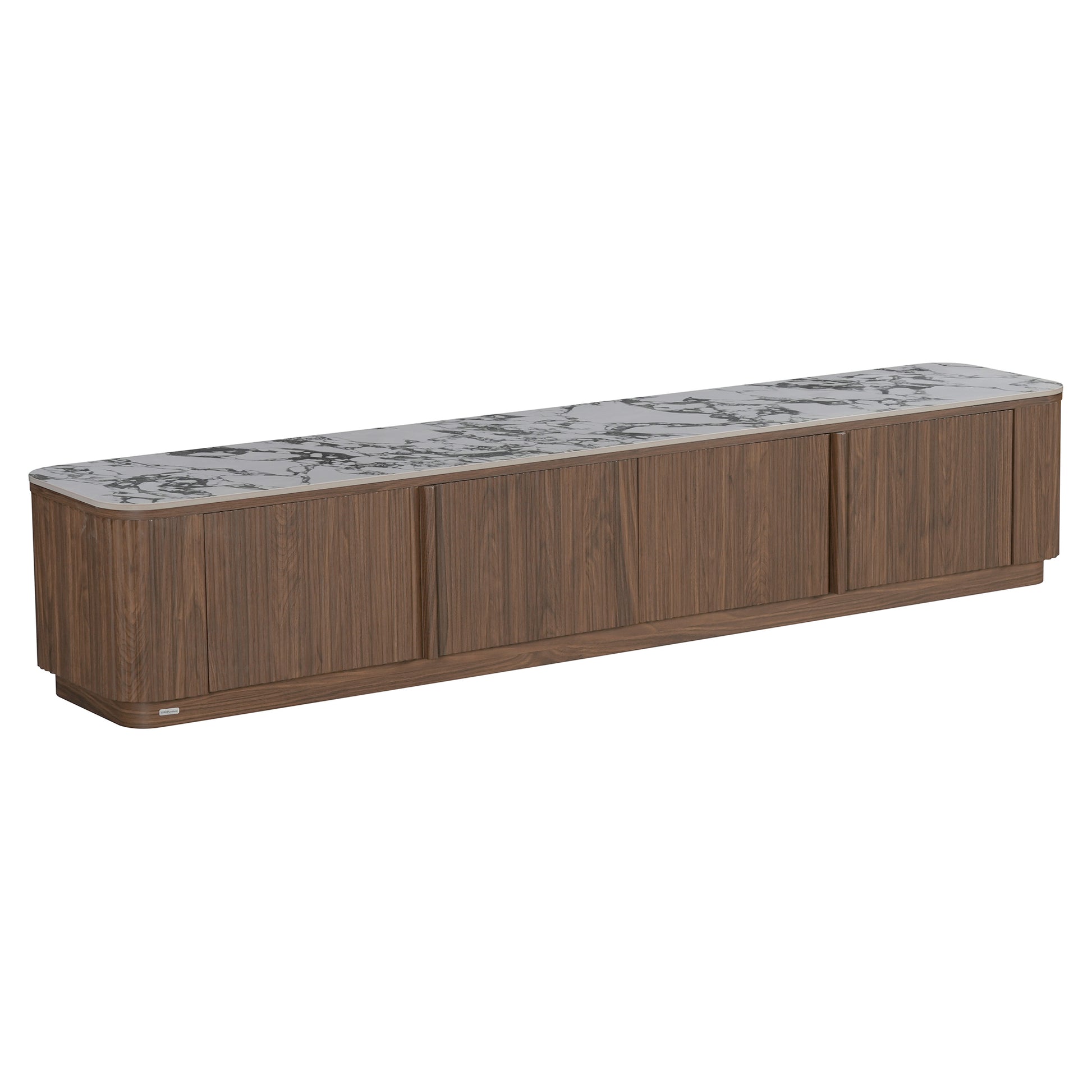 Modern wooden sideboard with marble-look top on white background