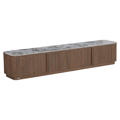 Modern wooden sideboard with marble-look top on white background
