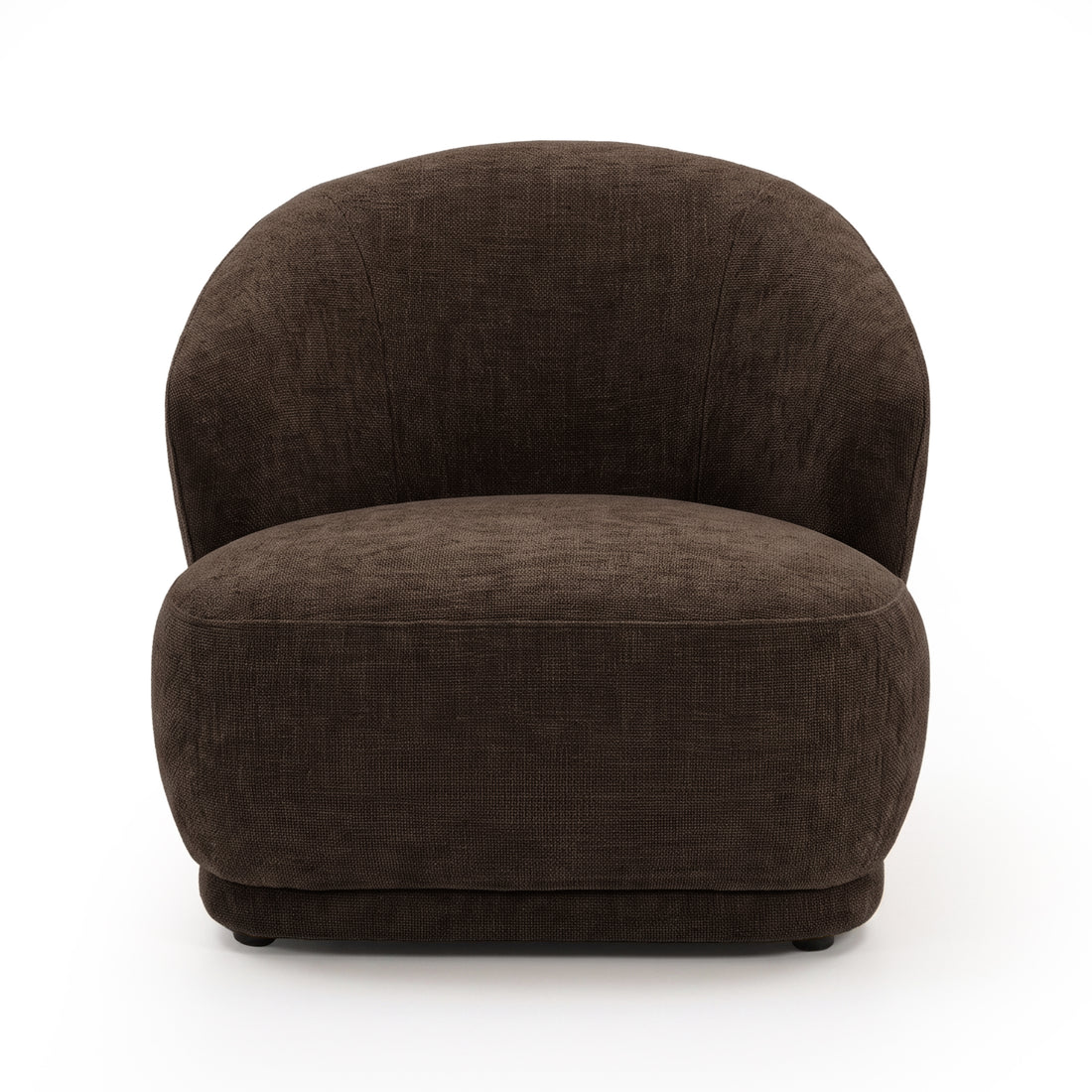 Cocoa brown upholstered accent chair with a curved back and rounded seat on a white background.