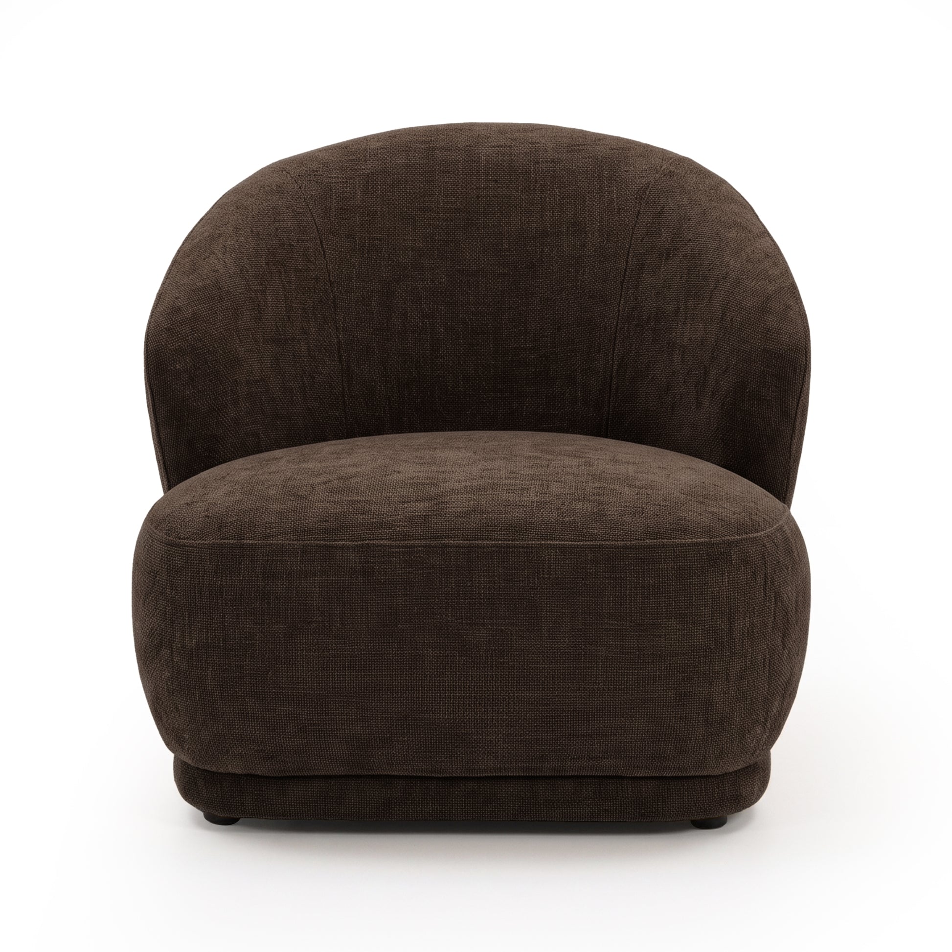 Cocoa brown upholstered accent chair with a curved back and rounded seat on a white background.