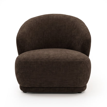 Cocoa brown upholstered accent chair with a curved back and rounded seat on a white background.