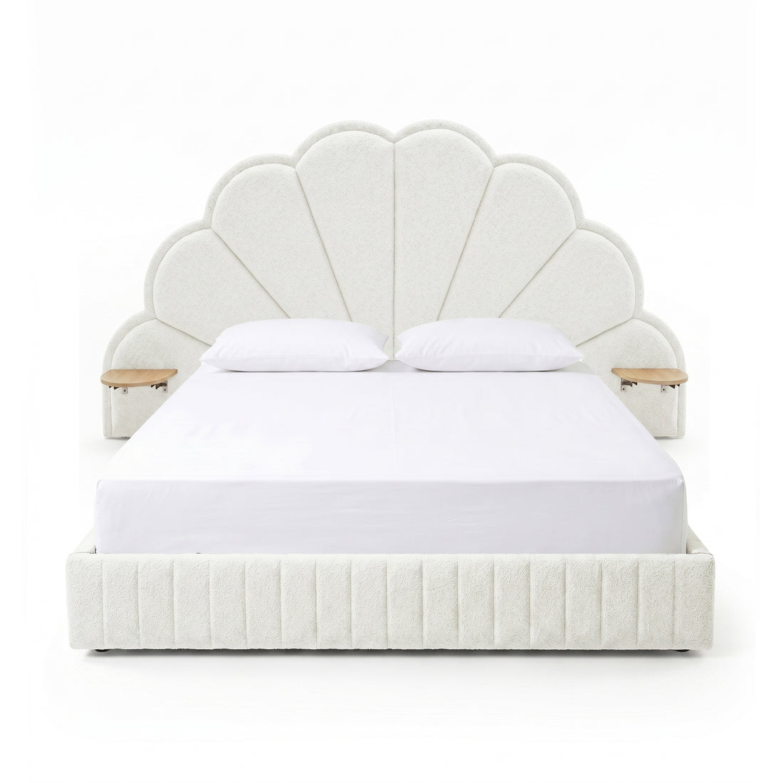 Full view of upholstered scallop headboard bed with built-in side tables on white background