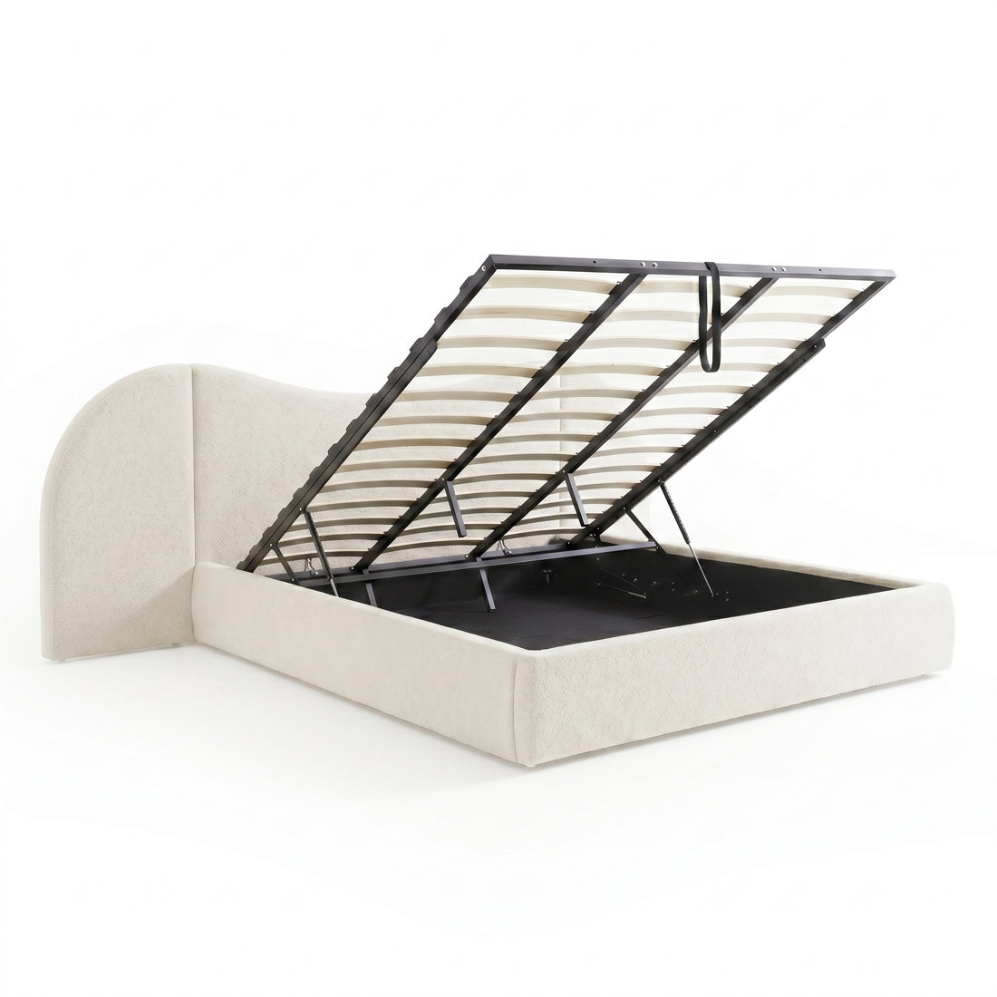 Cream upholstered lift-storage bed frame on white background