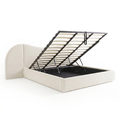 Cream upholstered lift-storage bed frame on white background