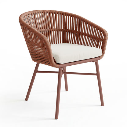 Marula Rope Outdoor Dining Chairs in Terracotta Set of 4 features brown woven cord sides, off-white seat cushions, and slender metal legs, embodying stylish outdoor comfort for relaxed alfresco gatherings.