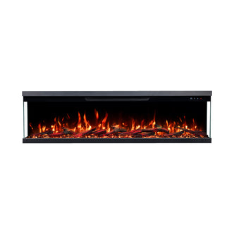 Electric fireplace full product shot on white background with realistic flames and glowing embers.