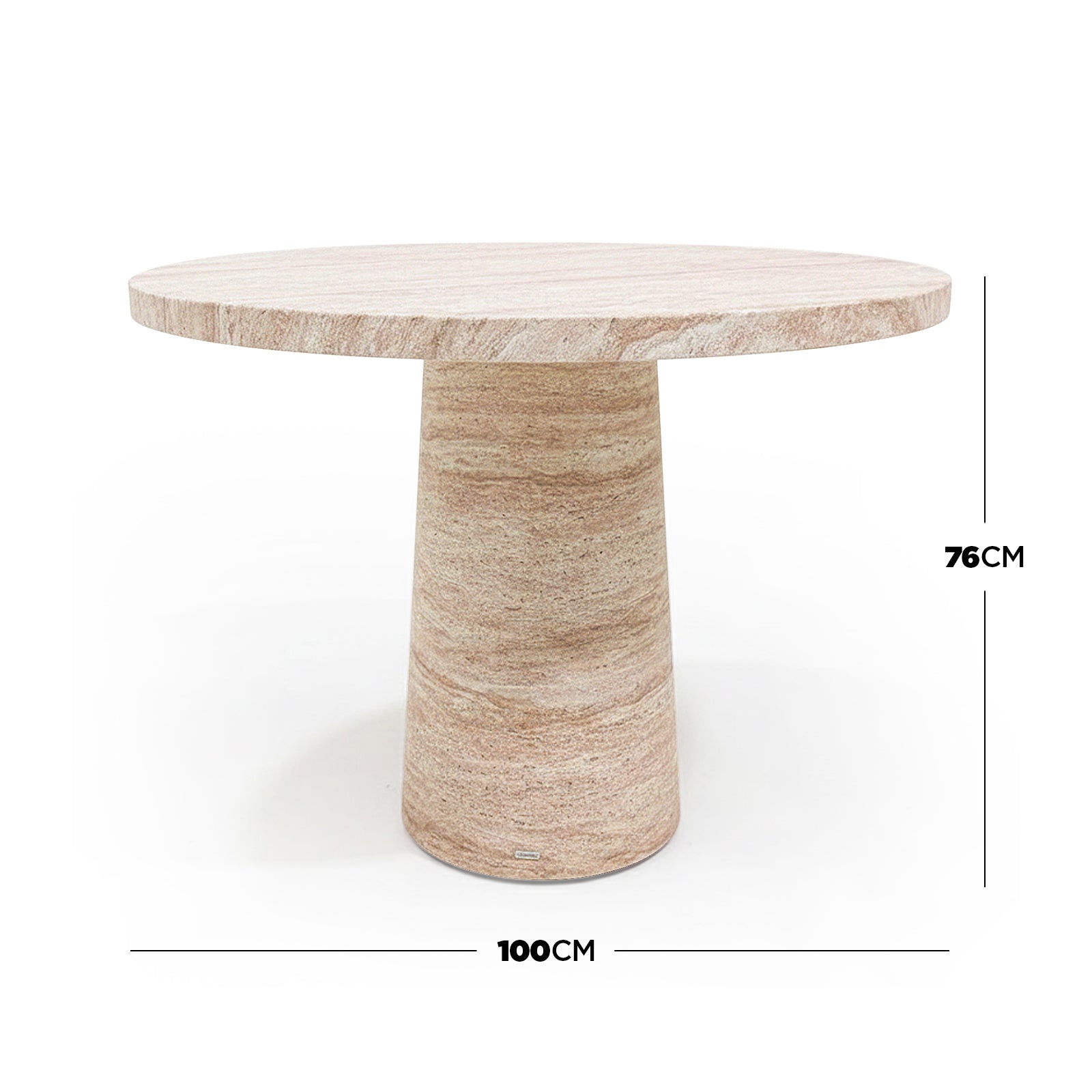 Round stone table with dimensions labeled