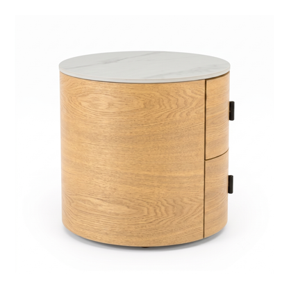 Round light wood nightstand with white stone top on a white background
