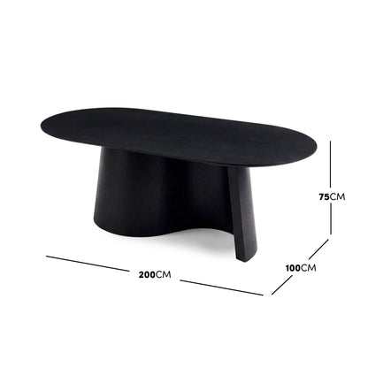 Full black oval dining table on white background with dimensions marked 200 cm by 100 cm by 75 cm