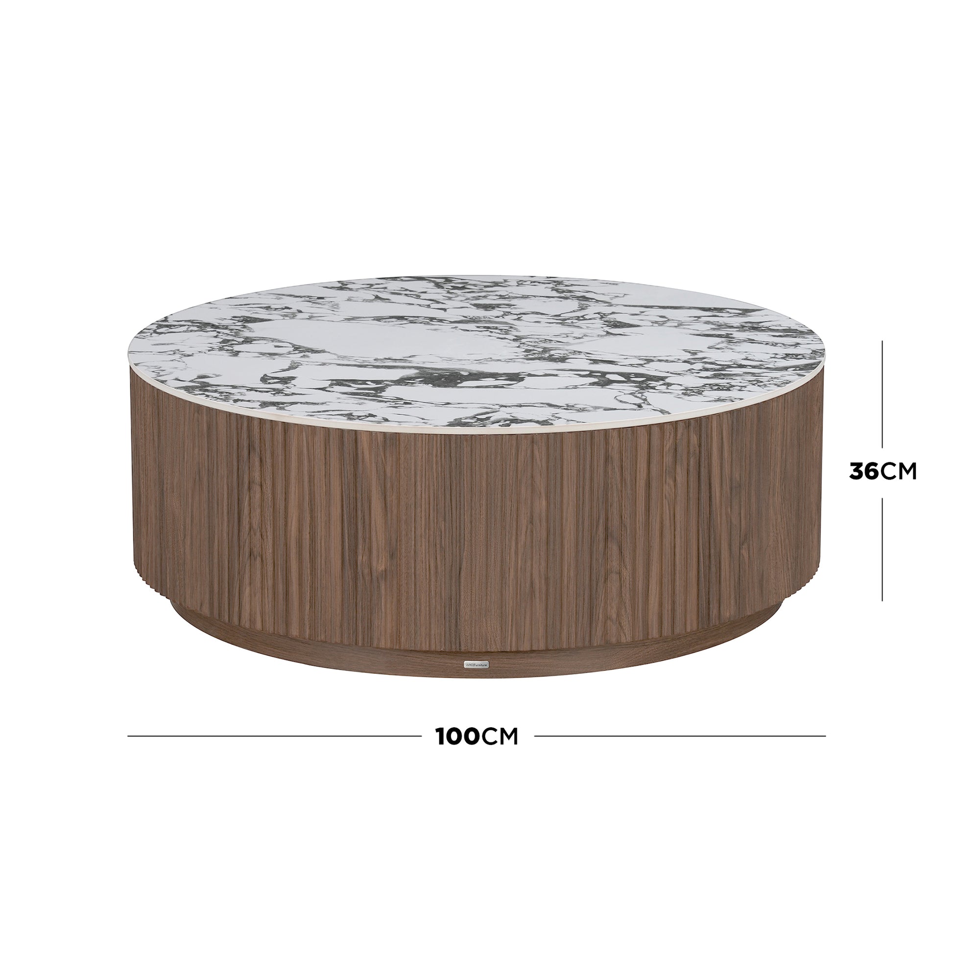 Round coffee table on white background with dimension lines showing 100CM width and 36CM height