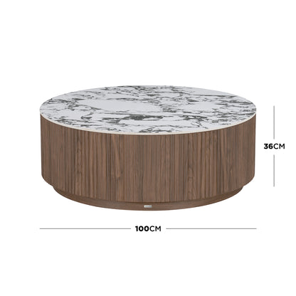 Round coffee table on white background with dimension lines showing 100CM width and 36CM height