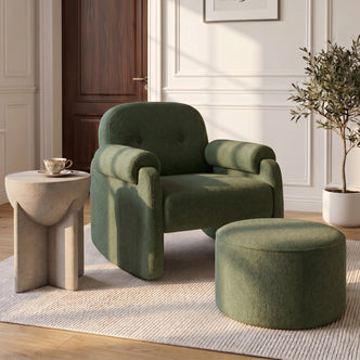 Olive green armchair and ottoman in a styled living room