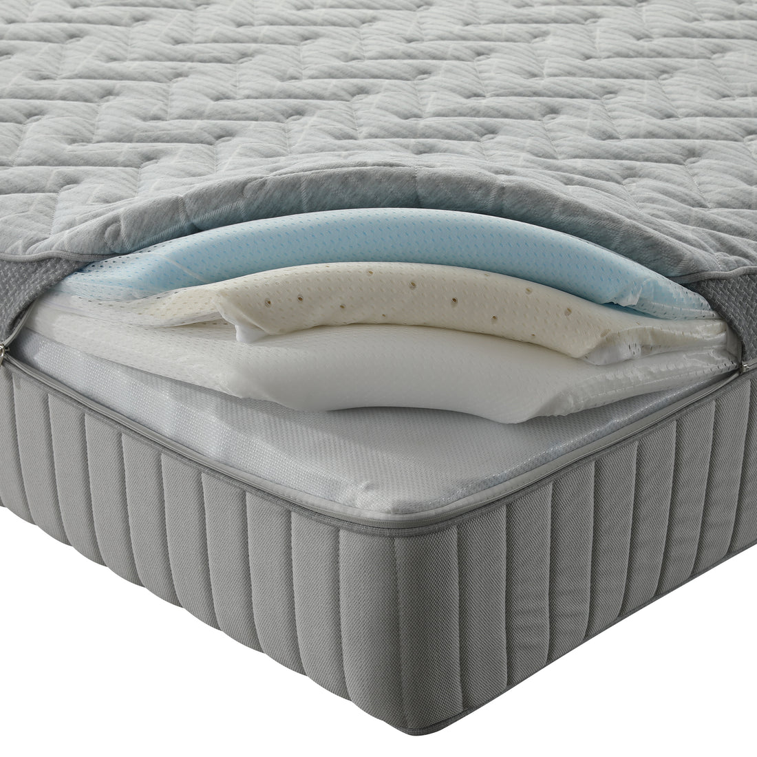 Cutaway corner of mattress showing internal layers