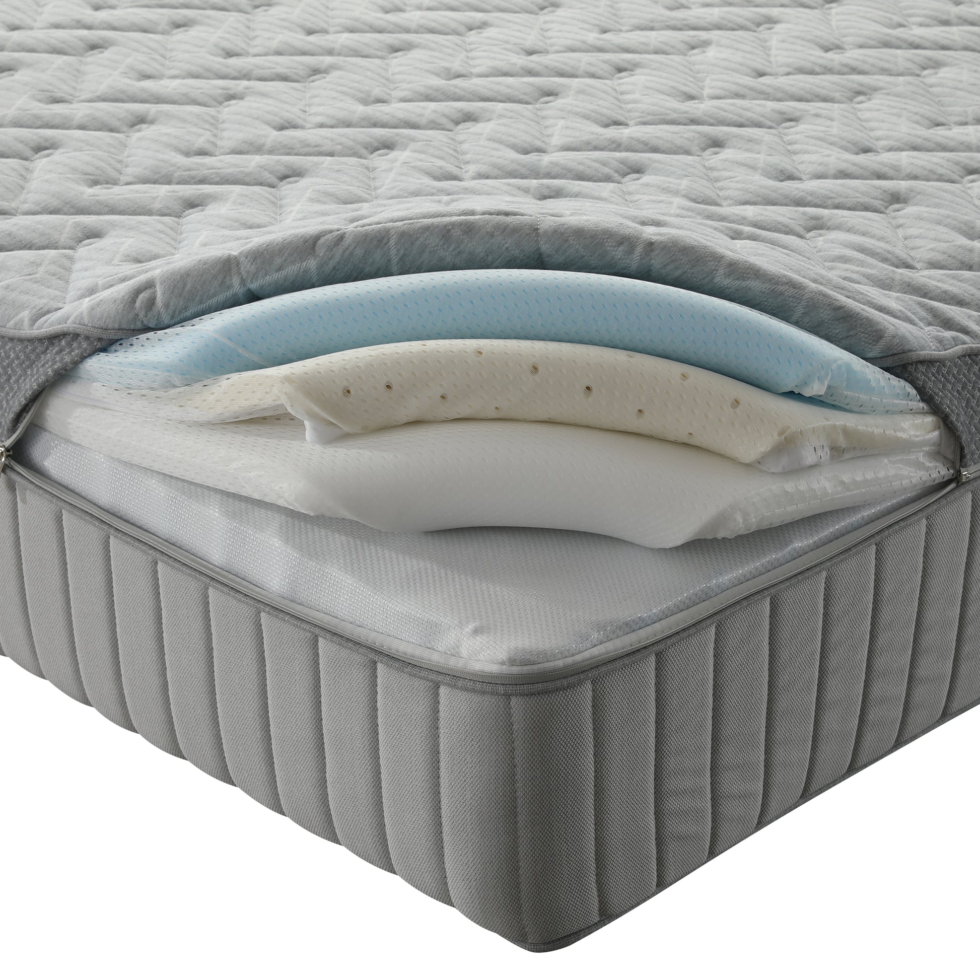 Cutaway corner of mattress showing internal layers