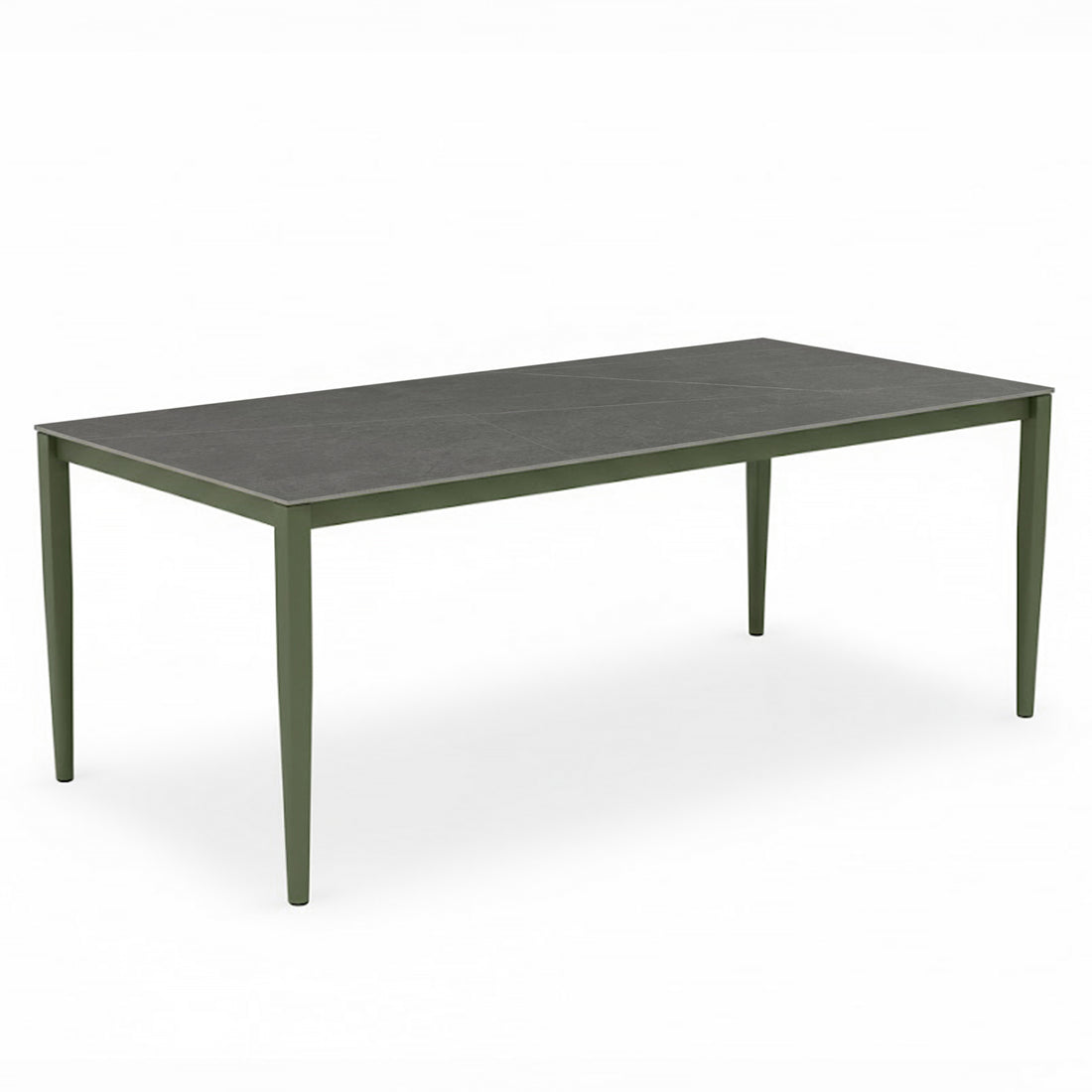 Cabria 9 Piece Sintered Stone Outdoor Dining Set features a minimalist table with an olive-green frame and dark gray segmented tabletop, showcasing modern design and durability for outdoor gatherings.
