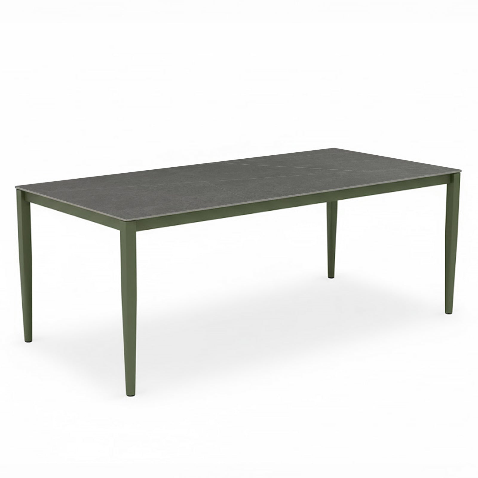 Cabria 9 Piece Sintered Stone Outdoor Dining Set features a minimalist table with an olive-green frame and dark gray segmented tabletop, showcasing modern design and durability for outdoor gatherings.