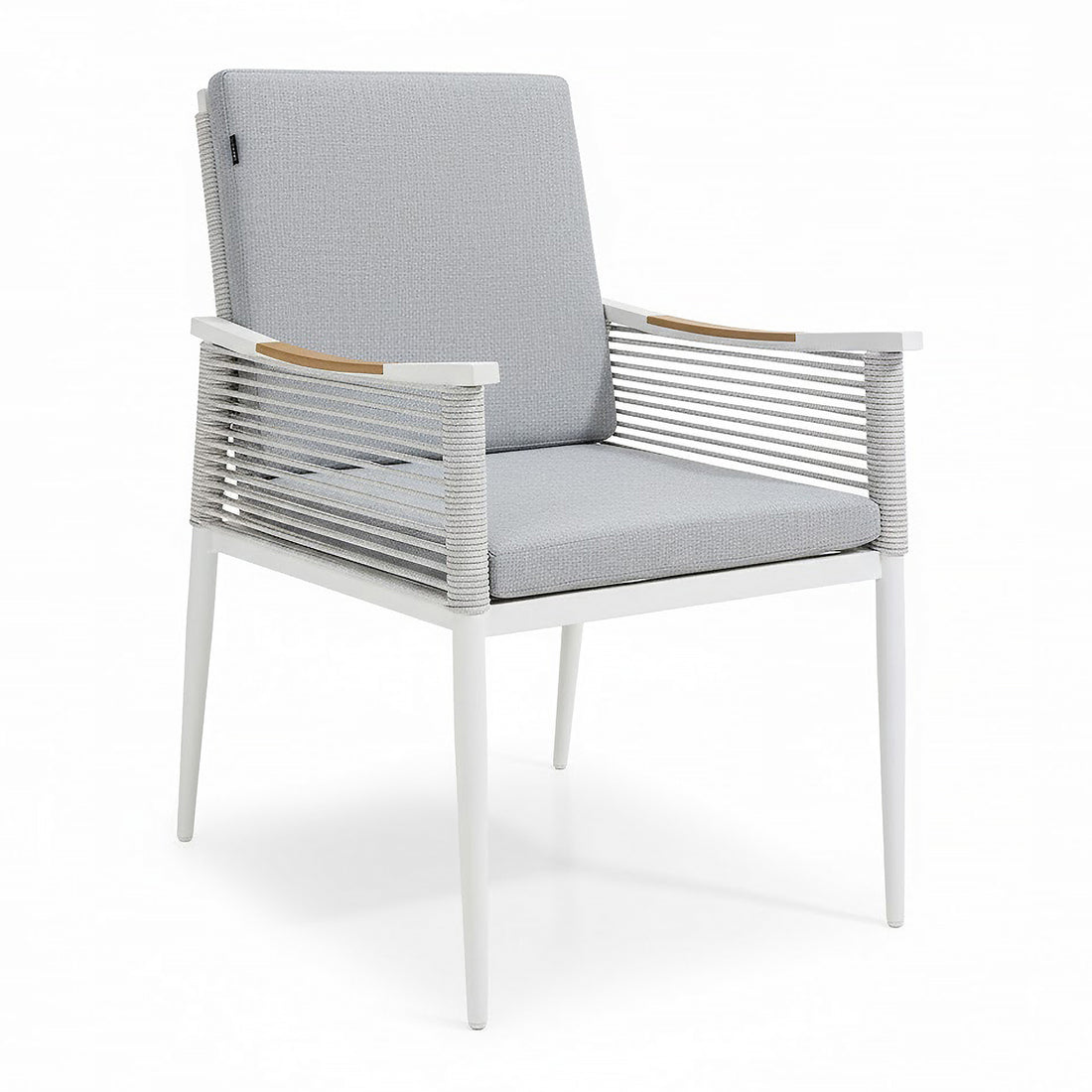 Casara 7 Piece Outdoor Dining Set in White & Grey featuring a modern armchair with a white metal frame, light gray cushions, rope-wrapped sides, and wooden armrest accents. Perfect for stylish, comfortable outdoor dining.