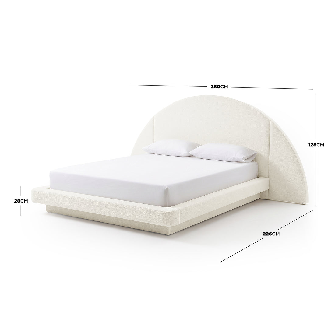 Modern upholstered bed with measurement dimensions shown on a white background