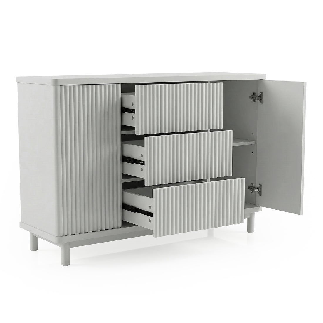 Modern white storage cabinet with drawers and open door on white background