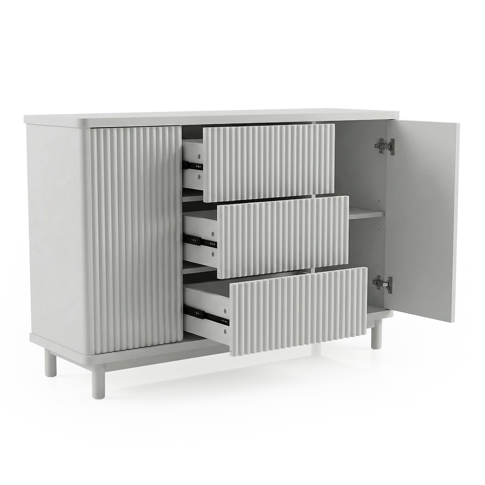 Modern white storage cabinet with drawers and open door on white background