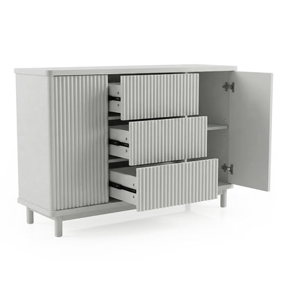 Modern white storage cabinet with drawers and open door on white background