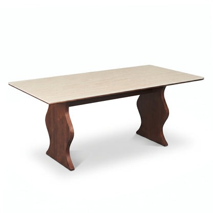 Rectangular wooden table with light top and dark curved legs on a white background