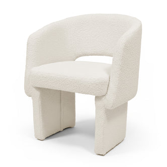 Avela Bouclé Fabric Curved Accent Armchair in Cream White features a modern design with a curved backrest, plush padded seat, and broad block-style front legs, perfect for cozy, stylish spaces.