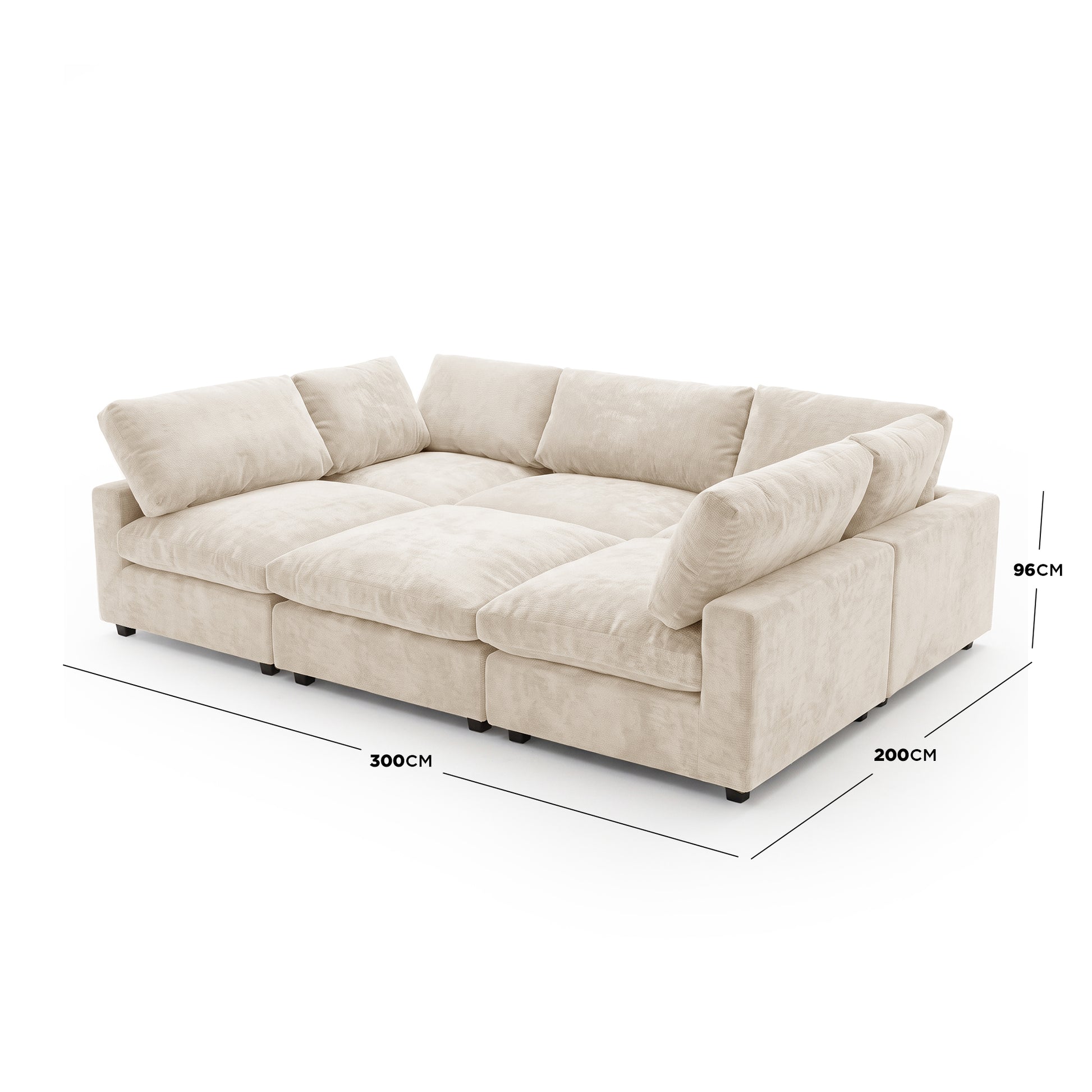 Beige sectional sofa on a white background with dimensions shown