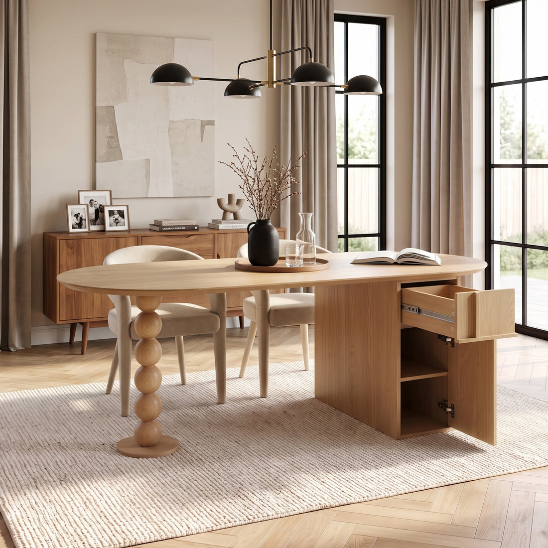 Modern wooden desk or table in a bright room with shelves, decor, and large windows