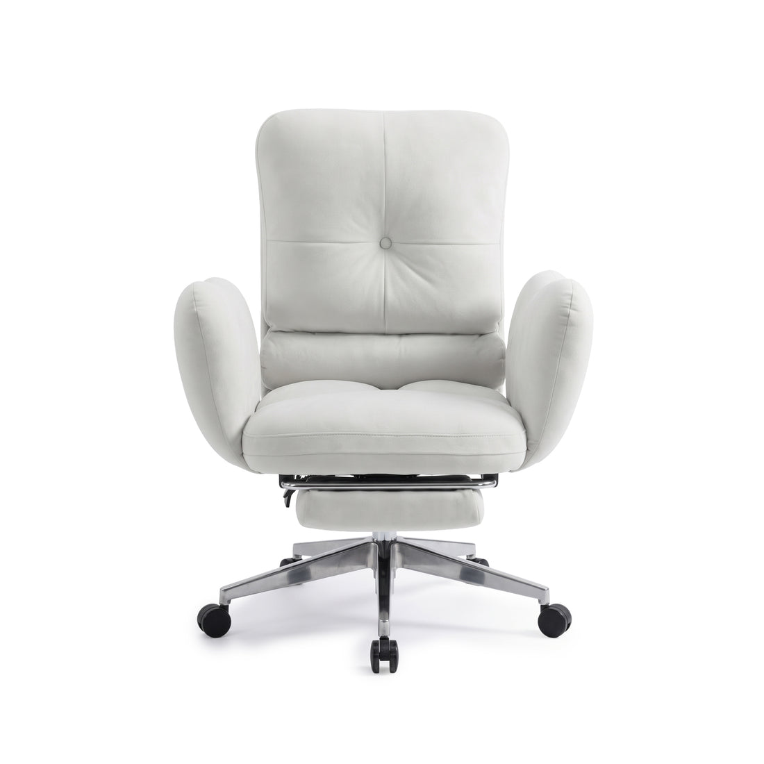 Front view of a light gray upholstered swivel office chair on white background