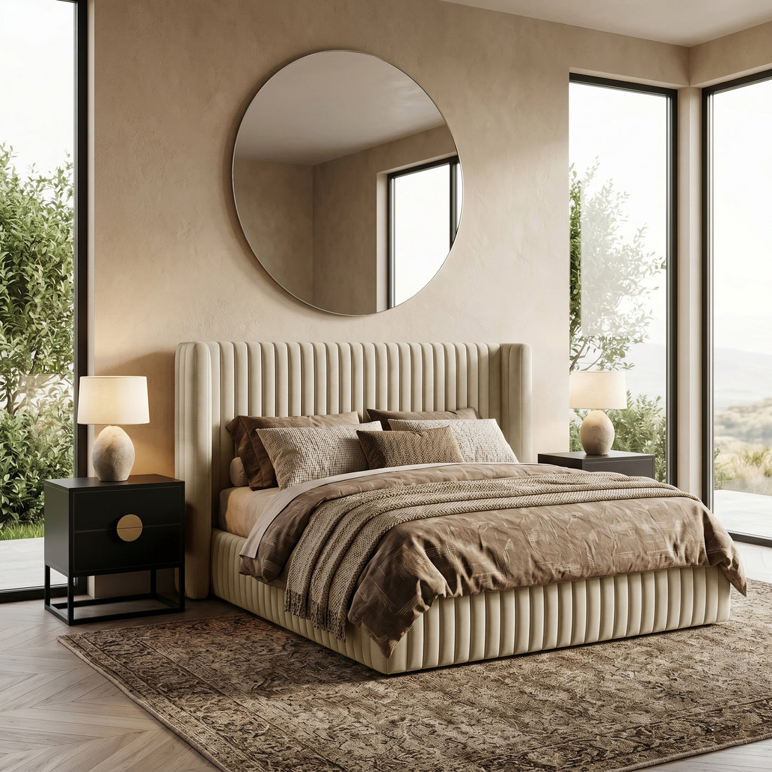 Beige upholstered bed in a staged bedroom with two nightstands and large window