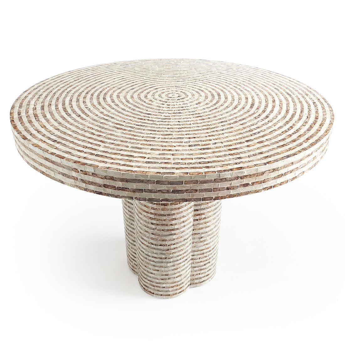 Round spiral mosaic table with three cylindrical legs on white background