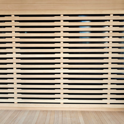Close view of a wooden slatted sauna panel